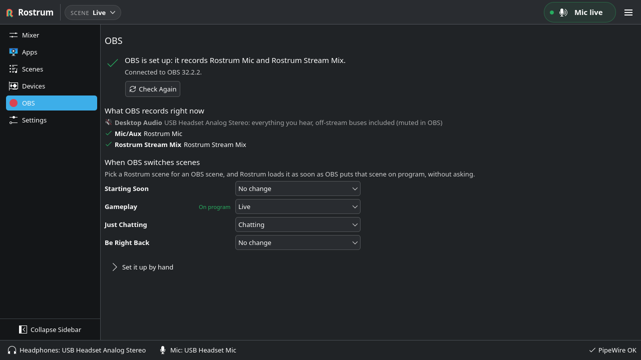 The OBS page: OBS is set up and records Rostrum Mic and Rostrum Stream Mix, followed by a list of what OBS records right now.