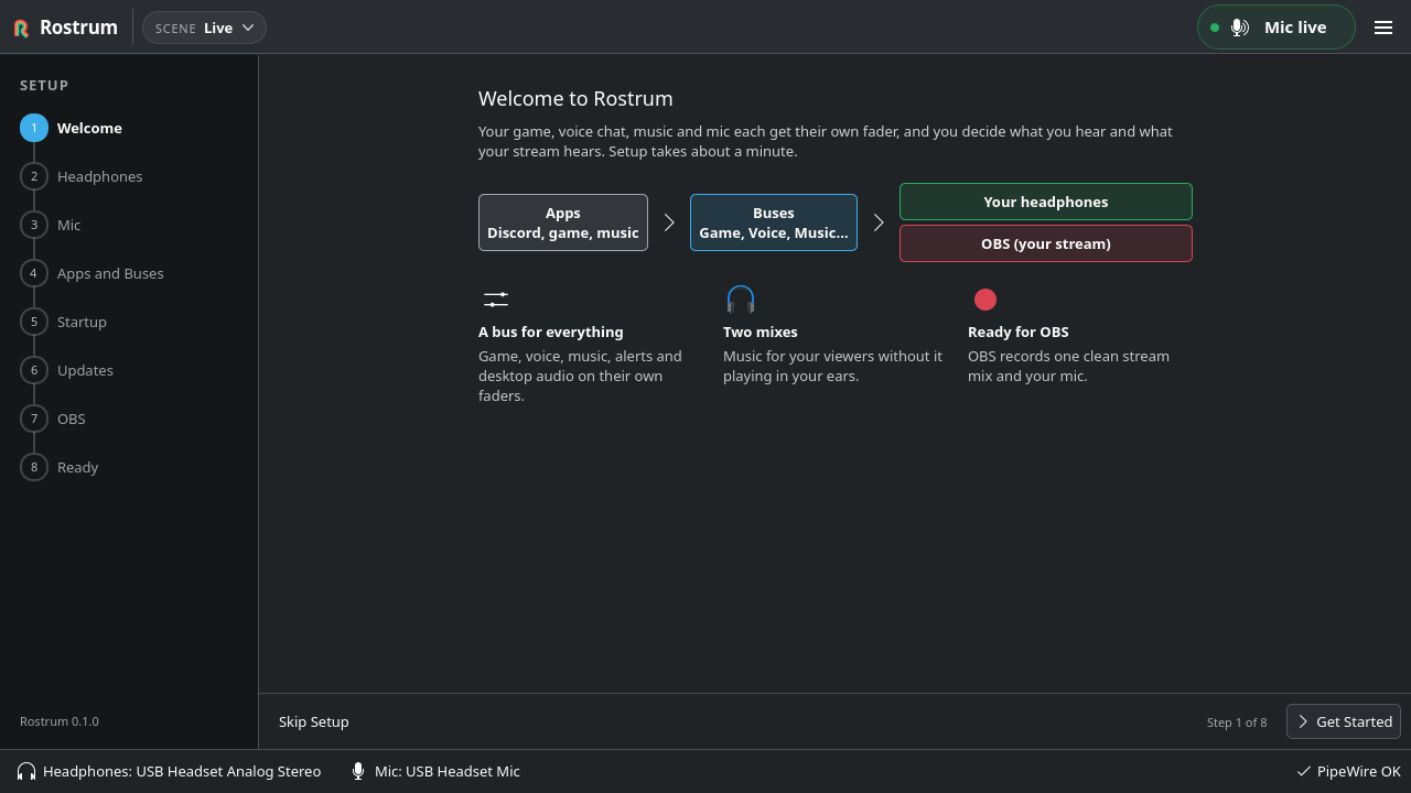 First-time setup: a list of steps on the left, and a diagram of apps going to buses and buses going to your headphones and to OBS.